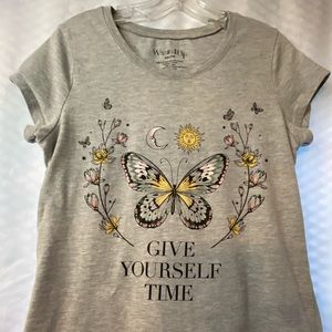 “Give yourself time” graphic T-Shirt butterfly, sun, moon and flower design